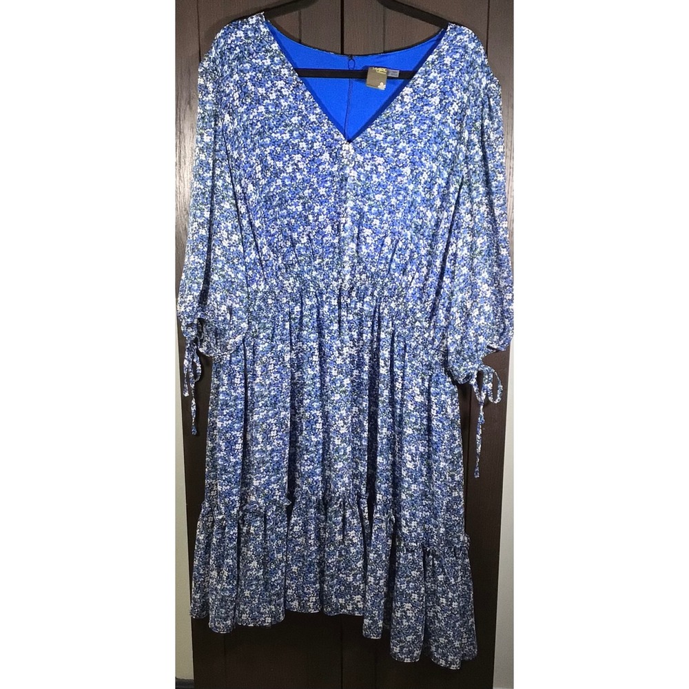 Taylor Woman Blue Floral V-Neck Smocked Waist Ruffle Midi Dress Cottagecore 18W
